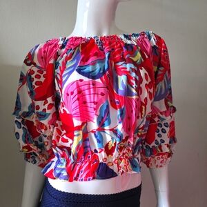 Rachel Zoe Red and Pink Smocked Ruffled Blouse Cropped Off The Shoulder